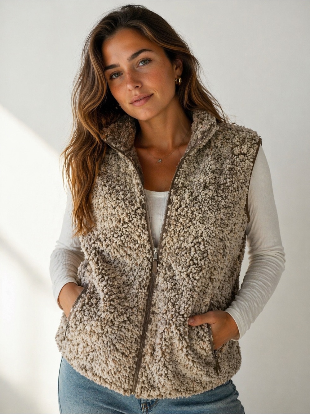 Source Unknown Plush Teddy Zip Vest - Taupe